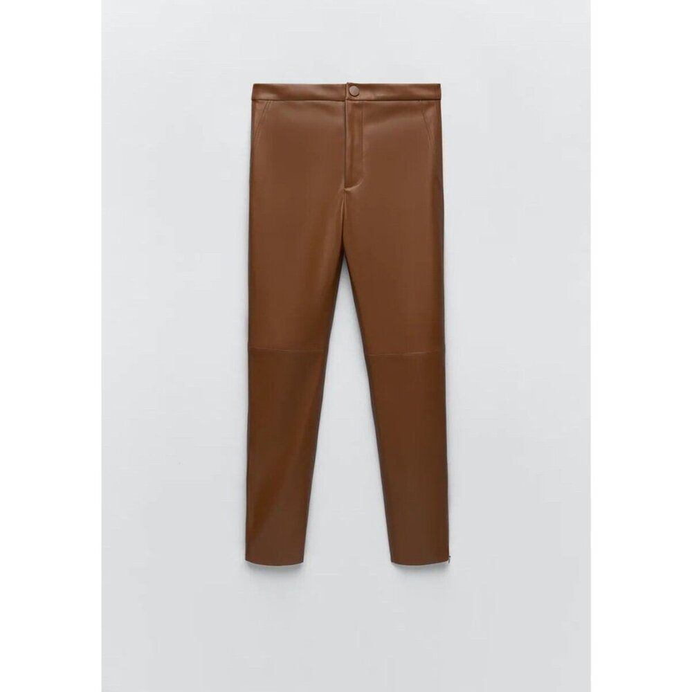 Zara High Rise Faux Leather Leggings Womens Small Camel Brown